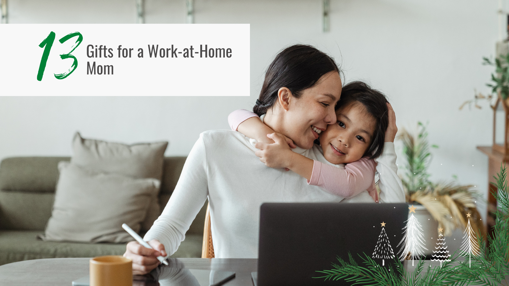 work at home mom at her desk with daughter hugging her from behind